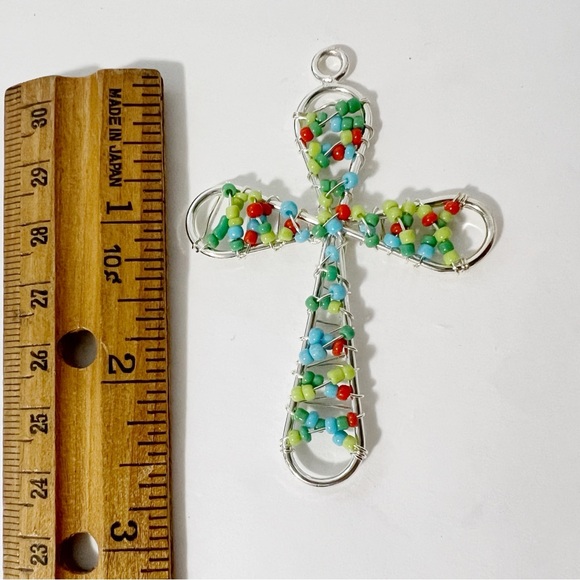Bead and Wire Crucifix Pendant Silvertone Multi Color - Picture 3 of 4